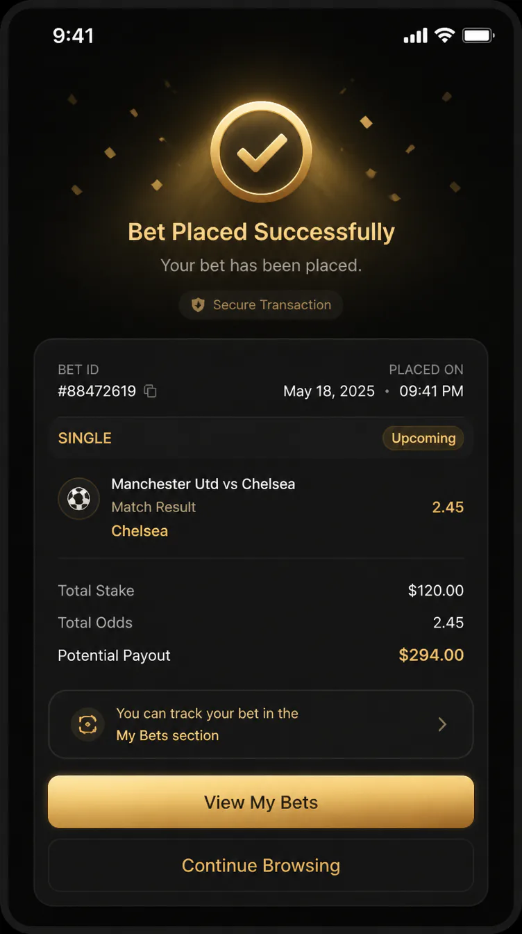 Premium black and gold betting confirmation screen