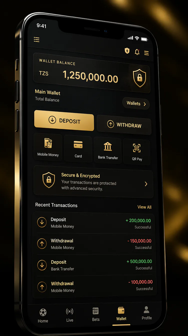 Black and gold mobile wallet interface close-up
